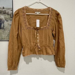 American Eagle Boho Swiss Dot Lace Detail Cropped Peasant Top with Cinched Waist